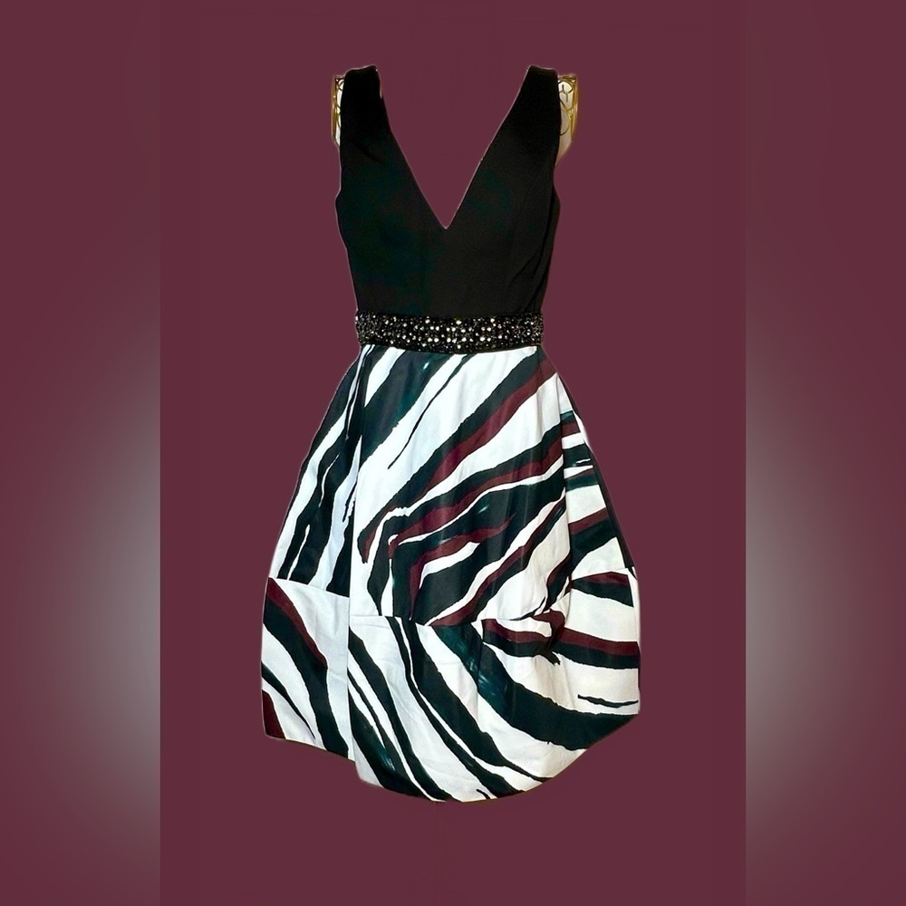 NWT Maslavi Jovani A-Line Black Striped Cocktail Dress, Beaded Waist & Pockets 4 - Picture 3 of 16